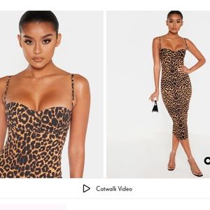 Leopard Print Strappy Cup Detail Midi Dress